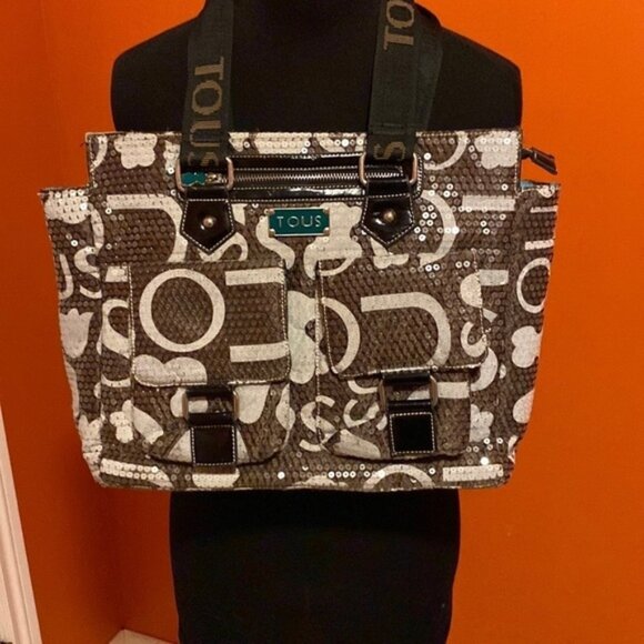 Tous Sequinned Purse Tote Brown Tan Turquoise Large Women’s Bag Pockets - Picture 1 of 9
